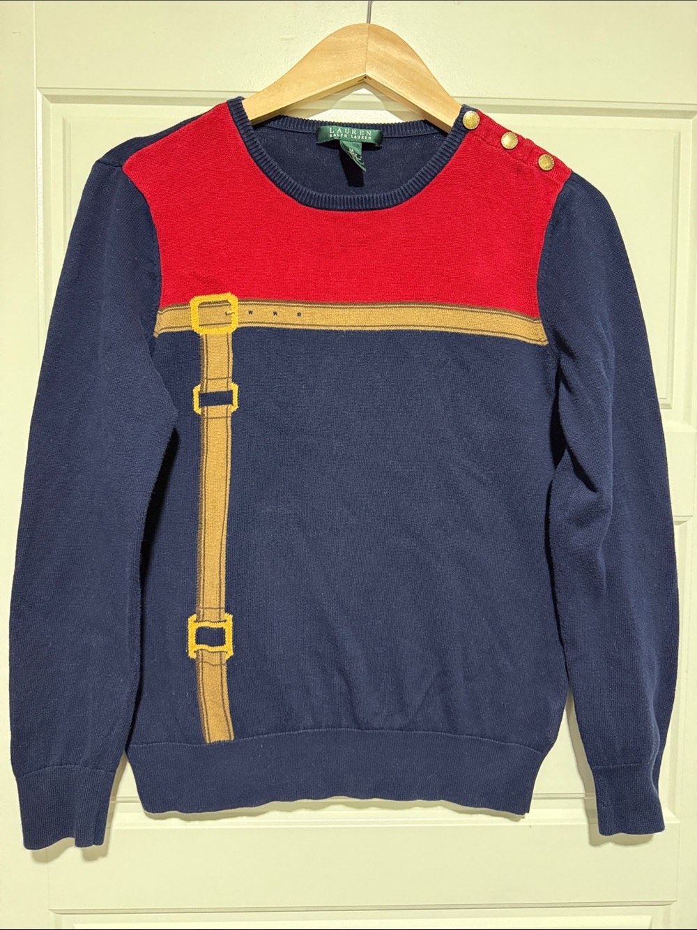 Lauren Ralph Lauren Equestrian Sweater vintage navy belt print M